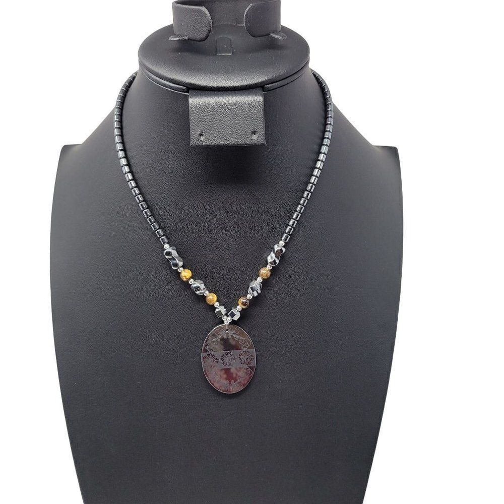Princess Necklace 18" Spinal Gems Gunmetal Floral Etched Spinal Oval Pendant